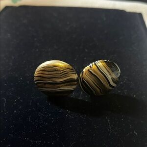 Vintage Gold and Black Striped Button Clip on Earrings